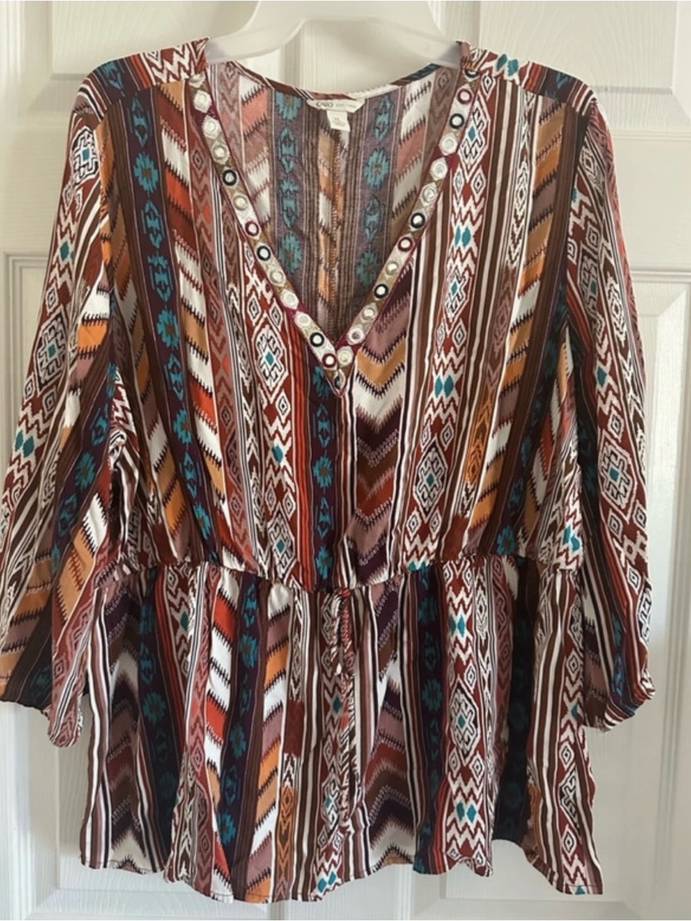 Boho V-Neck 3/4 Sleeve Drawstring top in Brown & Teal